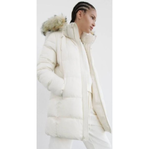 Zara Puffer Jacket Ecru Faux Fur Hood Size M NWT
